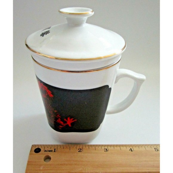 Vintage Korean Asian Red Dragon Design Black White Tea Cup With Lid And Infuser - Picture 10 of 10